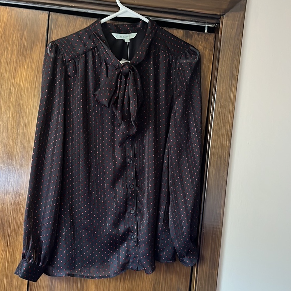 Cleo black tie up blouse with red polka dots
